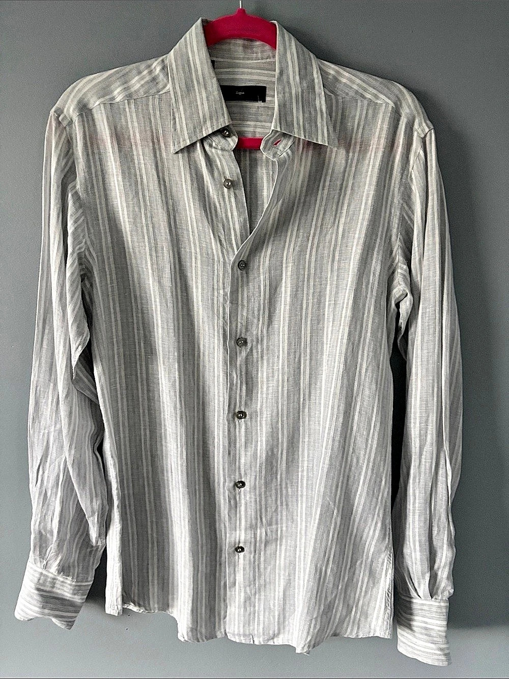 Zegna Striped Button Down in Gray & White Small Cotton Linen